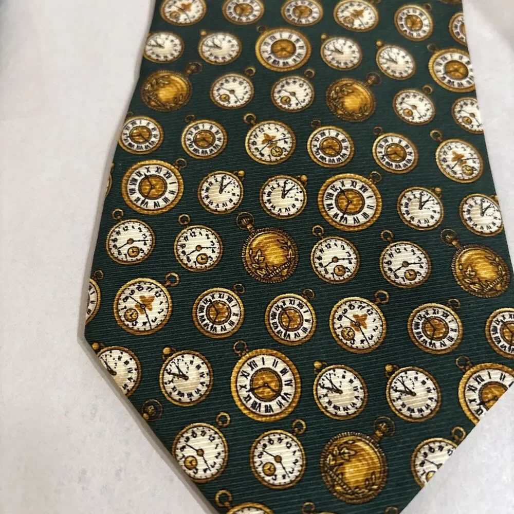 Banana Republic MEN'S TIE  Green With AOP Gold Pocket Watches, Silk, 4” X 58”